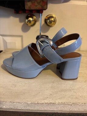 Aerosoles “Camera” Sky Blue Platform Block Heel Sandals with Silver Buckle